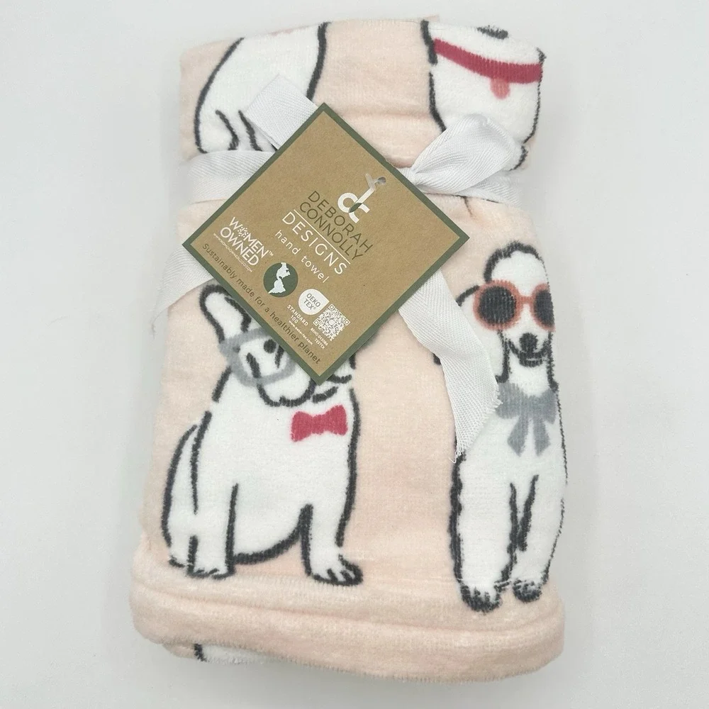 NEW Deborah Connolly Hand Towels Pink French Bulldog Frenchy Poodle Dogs 2 Pack
